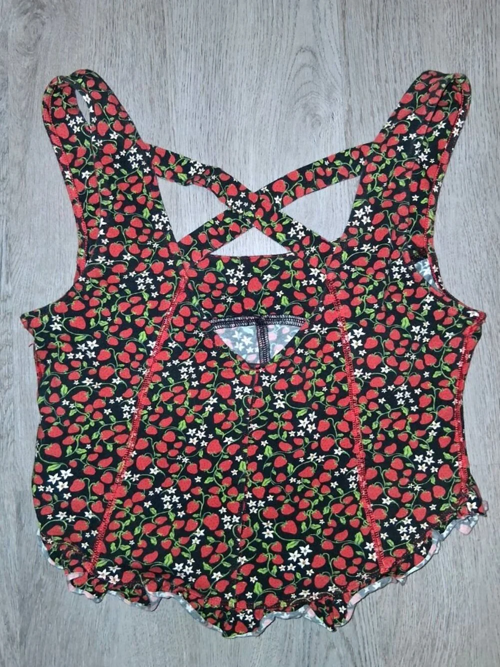 Free People Red Strawberry Fruit Black Corset Tank Top Ruffled Shirt Size Large